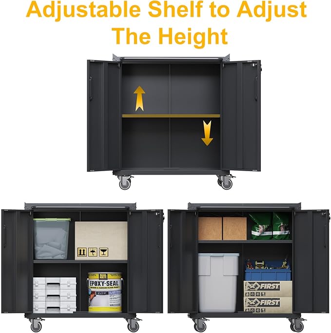 Metal Storage Cabinet with Wheels, Lockable Rolling Tool Chest with Adjustable Shelf & Handle & 2-Doors, Mobile Steel Locker for Garage, Home, Office, Warehouse, Assembly Required, Black