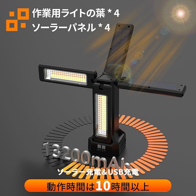 13200mAh Rechargeable Solar Work Light with Folding Stand Support and Portable Carrying Bag, 8000 Lumen Stepless Dimmable, 4 Lighting Modes, White/Warm/Warm White (Black(Remote))