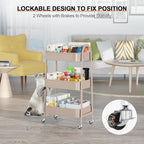 EAGMAK 3 Tier Utility Rolling Cart, Metal Storage Cart with Handle and Lockable Wheels, Multifunctional Storage Organizer Trolley with Mesh Baskets for Kitchen, Living Room, Office, Garage (Beige)
