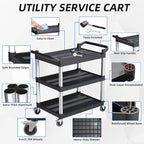 Plastic Utility Carts with Wheels, 3-Tier Rolling Service Cart, 300 lbs Heavy Duty Capacity with 4 inch Silent Casters(2 Lockable), for Home, Office, Restaurant, Warehouse.31.5"× 16" × 38"