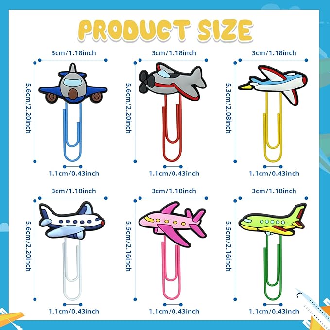 30 PCS Airplane Paper Clips Metal Paperclip Large Size Paper Clip Cute Bookmark Colorful Office Supplies Bookmark Clamp Desk Accessories Stationery for School Gifts for Students