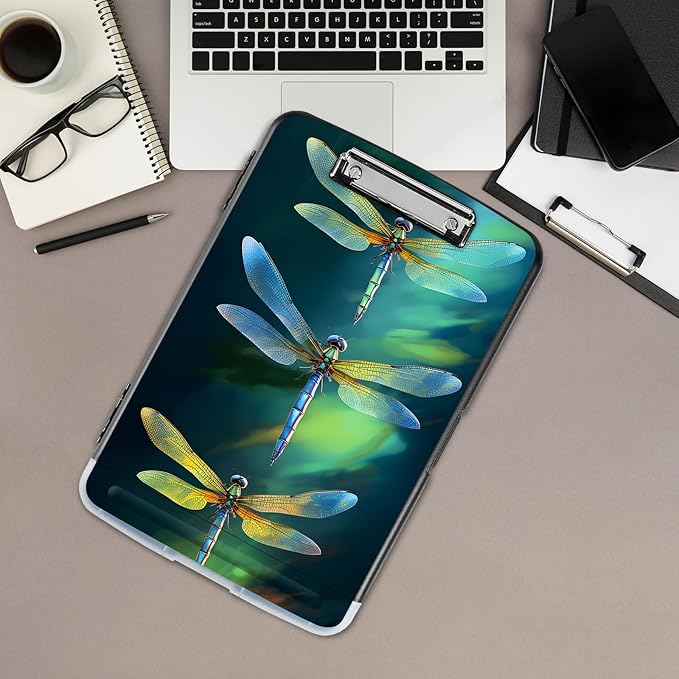 Clipboard with Storage,Office Supplies Nursing Clipboards Folder with Pen Holder Plastic Storage ClipBoard Foldable for Teacher Nurse,Green Dragonflies