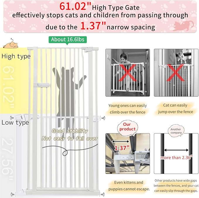 Lumizone Extra Tall Cat Gate 61.02" High Pressure Mounted Extra Wide 2025 New (17 Sizes) 1.37" Gap No Drilling Auto-Close One-Handed Operation Tall Pet Gate for Dogs(White, 61.02" H x 46.65"-50.97" W)
