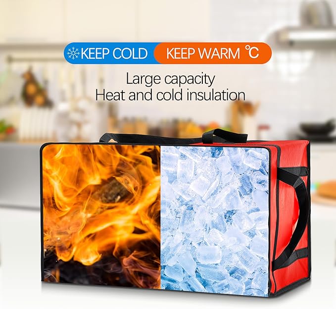 Maxcheck 6 Pcs Insulated Bags for Food Delivery XXXL Large Capacity Hot Grocery Tote Bag Reusable Warming Pizza Catering Carrier for Commercial Travel Lunch Shopping Gifts (Red)