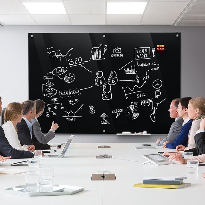 MaxGear Glass Whiteboard 72" x 48"(6' x 4') Wall Mounted, Magnetic Black Dry Erase Board with 1 Eraser, 1 Accessory Tray, 4 Markers and 6 Magnets, Extra Large Frameless Board for Office, School, Home