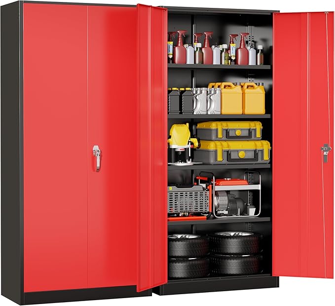 Superday Metal Storage Cabinet with Lock, 72" H Garage Storage Cabinet with Doors and 4 Adjustable Shelves,Black Red Steel Locking Cabinets for Office, Home, Garage, Gym, School