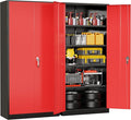 Superday Metal Storage Cabinet with Lock, 72" H Garage Storage Cabinet with Doors and 4 Adjustable Shelves,Black Red Steel Locking Cabinets for Office, Home, Garage, Gym, School