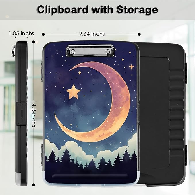Clipboard with Storage,Office Supplies Nursing Clipboards Folder with Pen Holder Plastic Storage ClipBoard Foldable for Teacher Nurse,Moon Forest