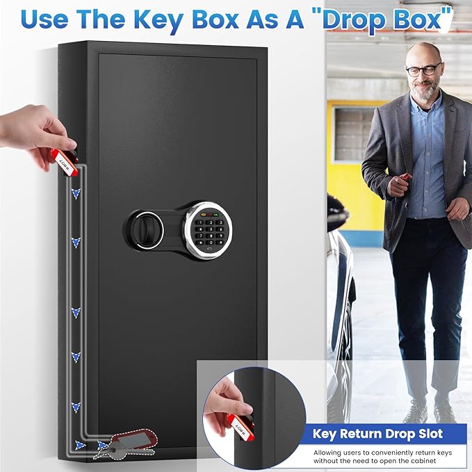 254 Keys Digital Key Lock Box Wall Mount with Code, Heavy Duty Anti-Theft Key Lock Box with Side Drop Slot and Colorful Key Tags for Car Garage House Rental Office
