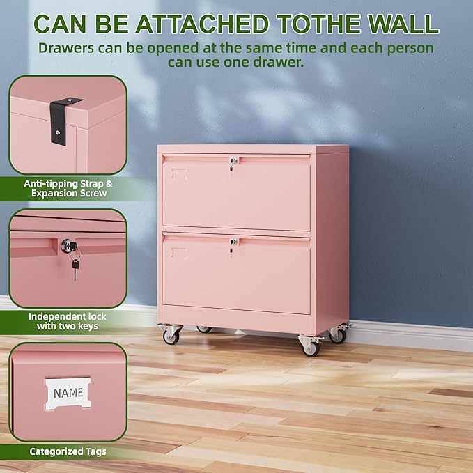 Aobabo 2 Drawer LateralFile Cabinet with Wheels, Lockable Metal Filing Cabinet for Home Office, Legal/Letter Size,Pink,Required Assembled,15.87" D x 28.94" W x 34" H