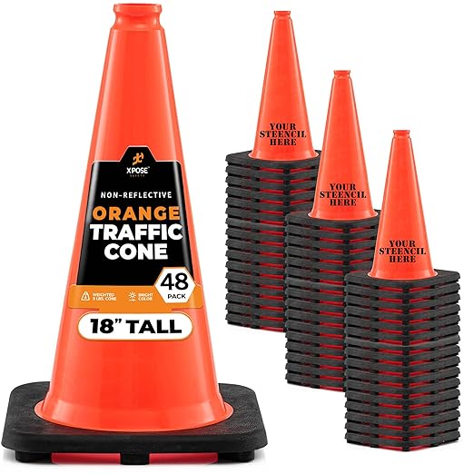 Xpose Safety 18 Inch Orange Traffic Cones, 48-Pack - Multipurpose PVC Plastic Safety Cone for Parking, Soccer, Caution, Kids and Construction - DOT Approved
