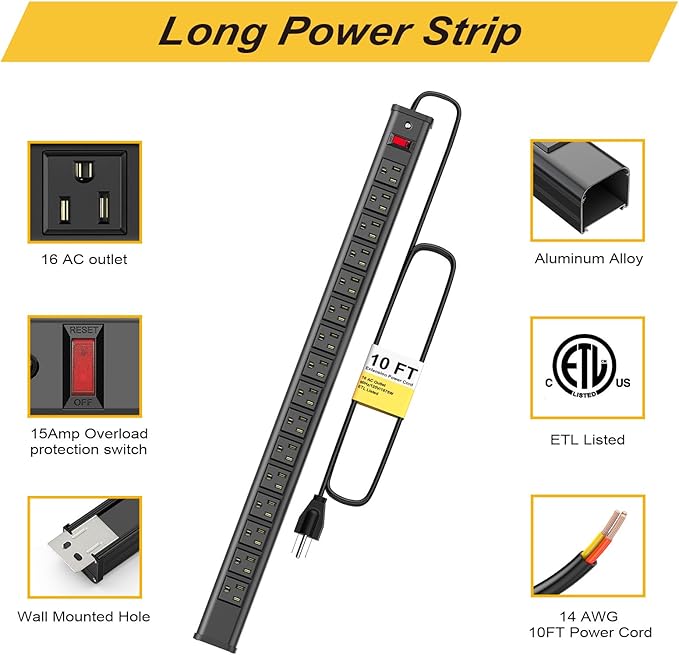 16 Outlets Long Power Strip Metal Wall Mount Power Strip 10 FT Heavy Duty Garage Workbench Workshop Bar Industrial Electric Strip Outlets, ETL (Black)