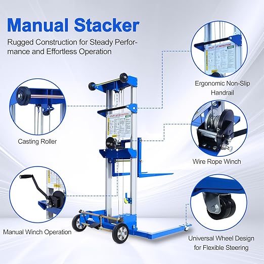 122" 400lbs Material Lift Winch Stacker, Hand Winch Lift Truck with Adjustable Straddle Leg, Manual Material Lifter Pallet Stacker for Contractor, Workshop, Industrial, 42.90" L x 43.30" W
