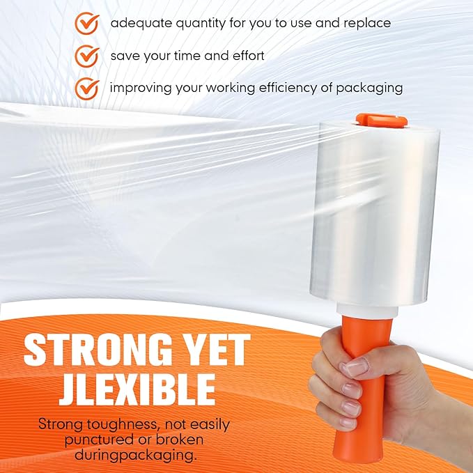 Jutom 16 Pcs Stretch Wrap Roll Plastic Wrap for Moving with 2 Handles 5" x 1000 ft Packaging Shrink Film Self Adhering Shipping Supplies for Moving Furniture Pallet(Clear, Orange)