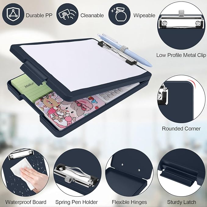 Small Clipboard with Storage, A5 Clipboards with Pen Holder, Half Letter Clip Boards 6x9 Mini Plastic Clipboard with Low Profile Clip for Classroom, School, Office Supplies (Navy)