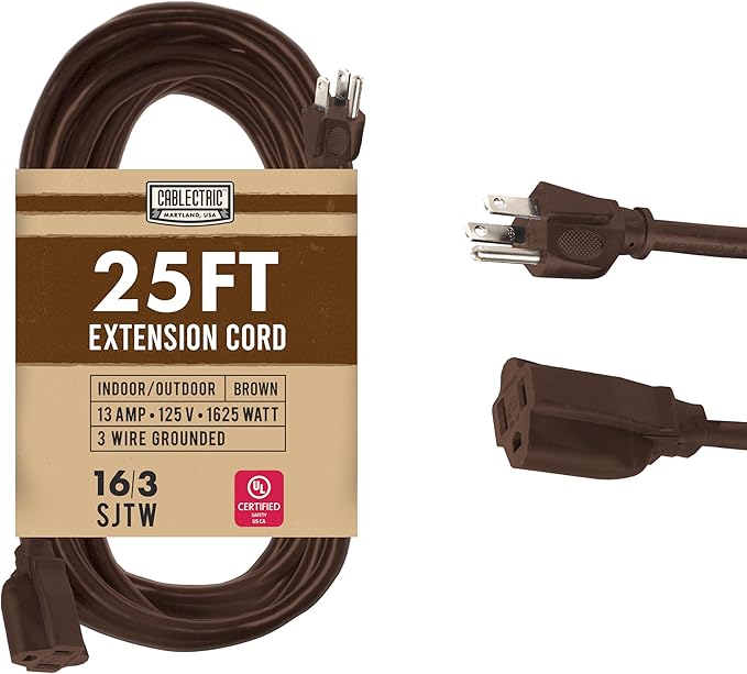 Brown Outdoor Extension Cord 25 ft, 16/3 Heavy Duty Cable with 3 Prong Grounded Plug, 13 AMP Weatherproof Exterior Cable 3 Prong 25 Foot for Deck, Patio, Garden, Lawn & Landscaping