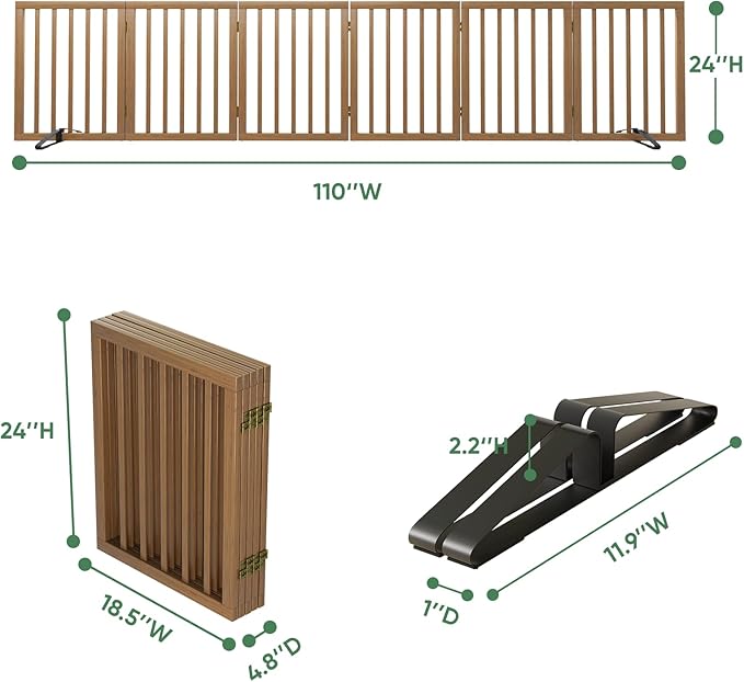 Freestanding Foldable Dog Gate - Indoor Pet Gate with Metal Support Feet, Room Divider 6 Panels (Walnut)