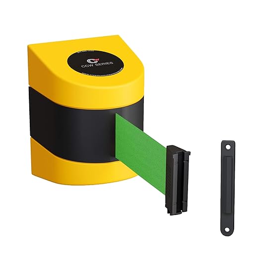 Crowd Control Warehouse - CCW Series WMB-220 Fixed Wall Mount Retractable Belt Barrier - 15 Foot, Green Belt with Yellow ABS Case