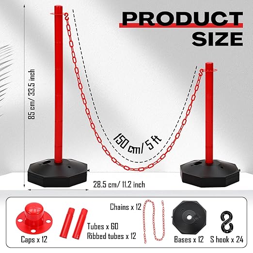 Geiserailie 12 Pack Crowd Control Stanchions Plastic Stanchions Poles with 5FT Plastic Chain Crowd Control Barrier with Fillable Base Traffic Delineator Post for Parking Lot Construction Cone (Red)