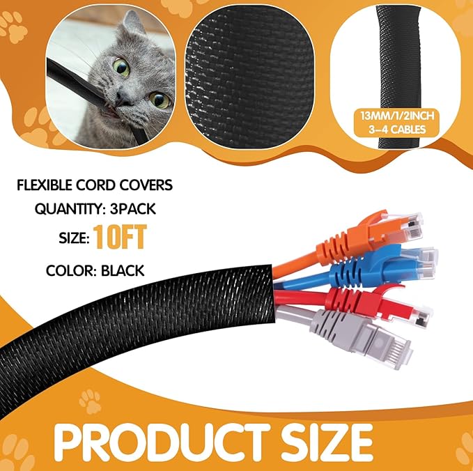 Poen 3 Pack 30ft Cord Protectors from Pets No Chew, 1/2 Inch Ultra Durable Cord Covers for Pets, Durable Electrical Cable Management Sleeve for Rabbits, Dogs, Cats and Other Animals(Black)