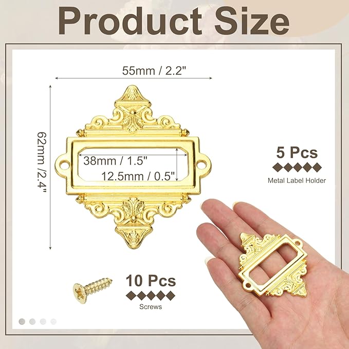 uxcell 5 Pcs Metal Label Holder, 2.2 x 2.4 Inch Small Vintage Card Frame Tag Floral Lace Label Holder with Screws for File Boxes Drawers Door Cabinet Book Shelves, Gold Tone