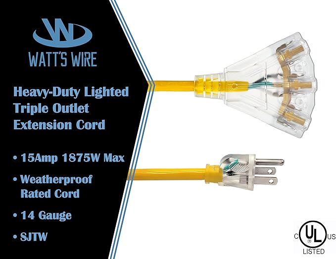 15 ft Outdoor Extension Cord Waterproof - 14 Gauge Heavy Duty Extension Cord 15 ft - Lighted Outdoor Extension Cords with Multiple Outlets - Watts Wire - 15' Grounded - extensiones electricas