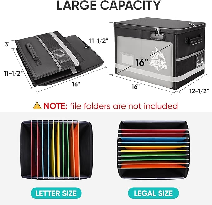 BALEINE Fireproof Document Box with Lock, Portable Fireproof Document Bag Waterproof Fire Proof File Boxes for Documents, File Organizer Box for Important Paperwork (Sliver, 16''x12.5''x11.5'')