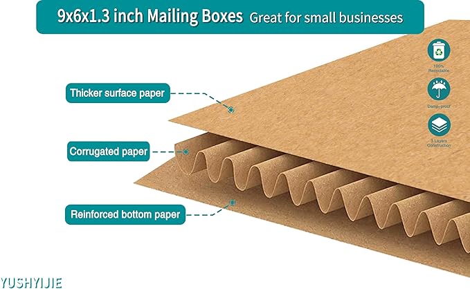 50 Pack 9x6x1.3 inch Small Shipping Boxes, Multi-Depth Flat Cardboard Boxes with Fragile Stickers for DVD Shipping, Packing, Moving, Storage, Brown
