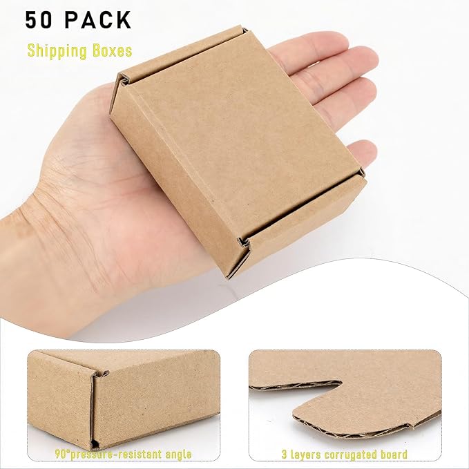 Ellbest 50pcs Kraft Brown Box 1.5mm Thick Cardboard Boxes, 3.6 x 2.6 x 1.2 inches Foldable Kraft Brown Box for Stationery, Pins, Mini Ornaments, Small Shipping Boxes