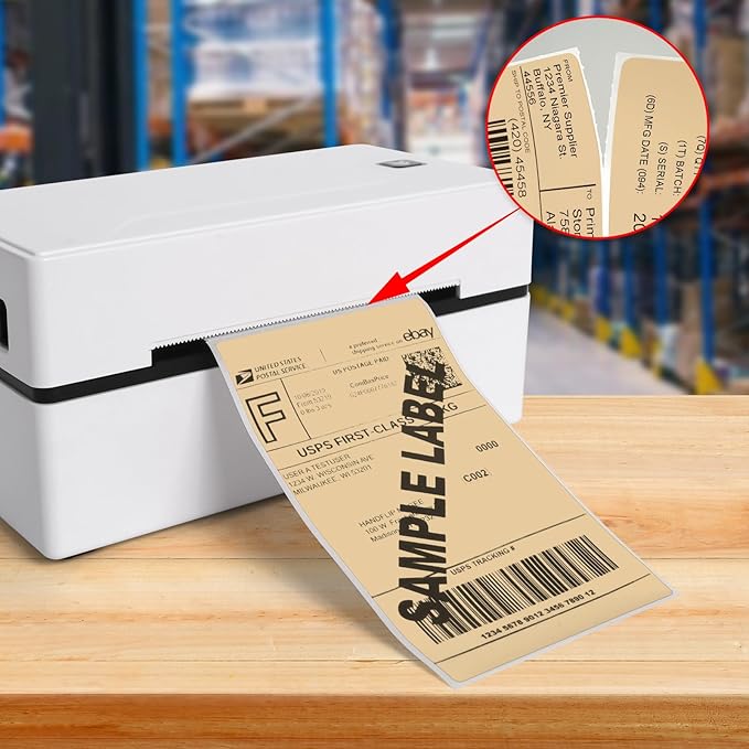 Khaki Thermal Labels 3 × 5 Inch Vinyl Self-Adhesive Fanfold Direct Shipping Stickers Waterproof Perforated Printer Decal for Office Warehouse Barcode 300 PCS