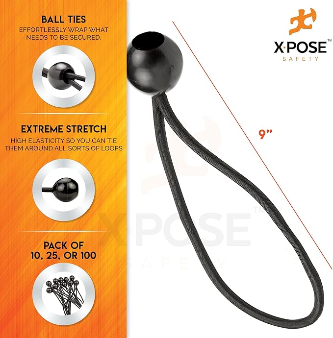 Xpose Safety Bungee Ball Cords 9" 10 Pack Heavy Duty Black Stretch Rope with Ball Ties for Canopies, Tarps, Walls, Cable Organization