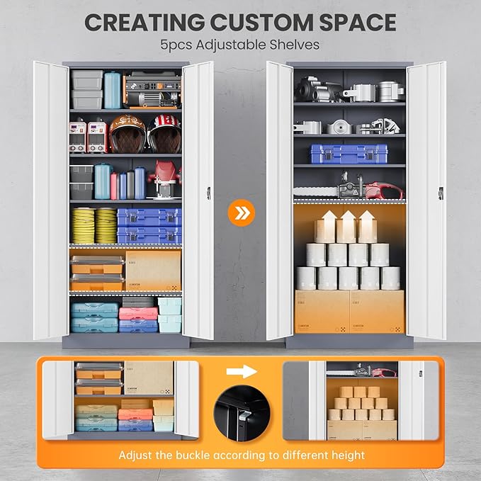 Metal Garage Storage Cabinets with Lock, 71" Tall Tool Cabinet with 2 Door and 5 Adjustable Shelves, Locking Garage Cabinets and Lockable Steel Locker for Home Office Warehouse-(Gray White-71”H)