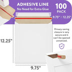 White Kraft Rigid Mailers, 9.75 x 12.25 Inches. Pack of 100 Paperboard Envelopes. Sturdy Stay Flat Mailers with Self-Seal Closure. Recyclable Hard Envelopes for Mailing. Stayflat Mailer