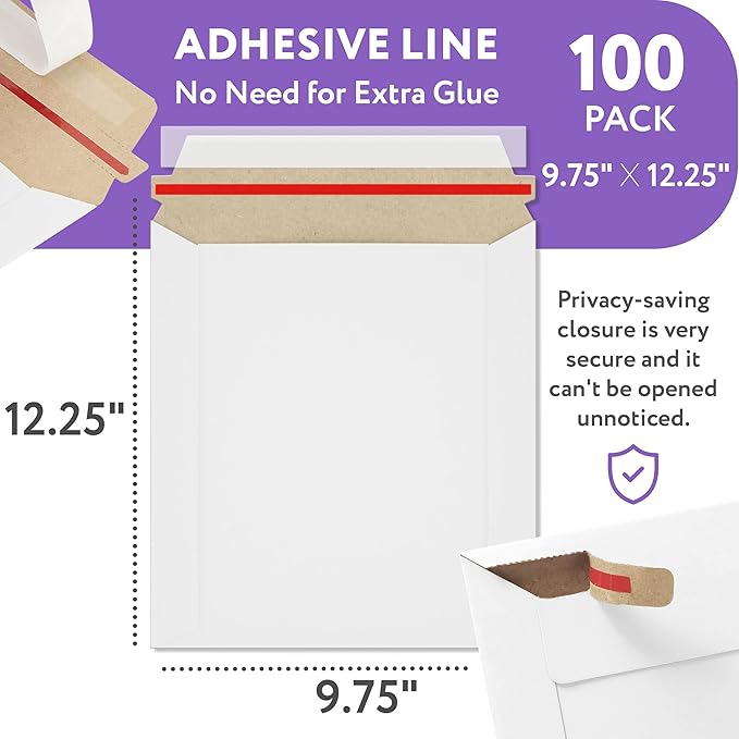 White Kraft Rigid Mailers, 9.75 x 12.25 Inches. Pack of 100 Paperboard Envelopes. Sturdy Stay Flat Mailers with Self-Seal Closure. Recyclable Hard Envelopes for Mailing. Stayflat Mailer