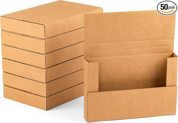 50 Pack 9x6x1.3 inch Small Shipping Boxes, Multi-Depth Flat Cardboard Boxes with Fragile Stickers for DVD Shipping, Packing, Moving, Storage, Brown