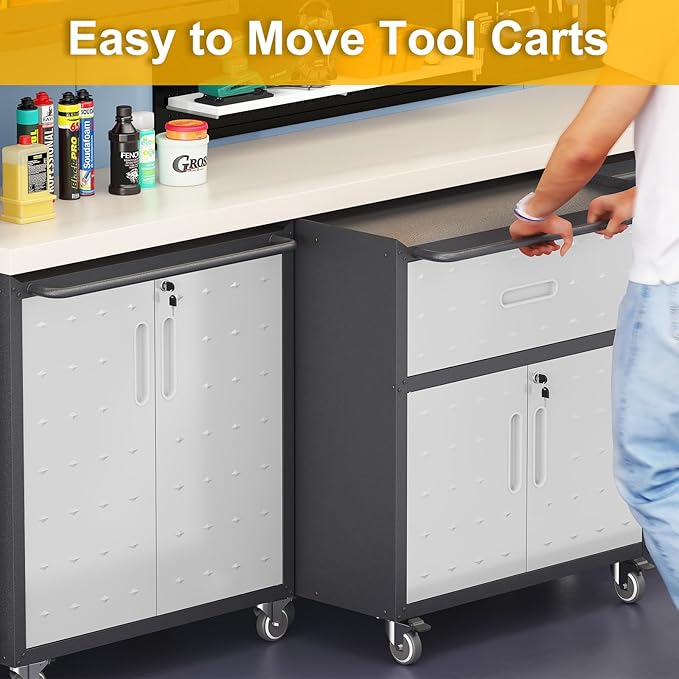 Metal Storage Cabinet with Wheels, Rolling Tool Chest with Adjustable Shelf & Handle, Lockable Garage Cabinet with 1 Drawer and 2 Doors, Mobile Steel Locker for Office, Workshop, Black&Grey