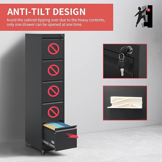5 Drawer Locking File Cabinet with Wheels,Metal Mobile Filing Cabinets,Black Rolling File Cabinet for Home Office,Heavy Duty Storage Cabinet for A4/Letter/Legal Size File,Assembly Required