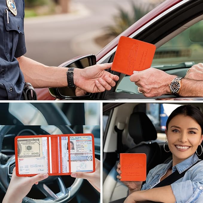 2-Pack Registration and Insurance Card Holder, Vehicle Glove Box Car Organizer with Magnetic Closure, Interior Car Accessories for Documents, Cards, License Storage, Orange