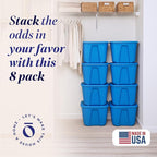 HOMZ 8-Pack Durable Molded Bin, Plastic Storage Containers with Lids, 18 Gallon, Blue - Stackable Organizer Totes and Boxes for Bedroom, Kitchen, and Garage Organization