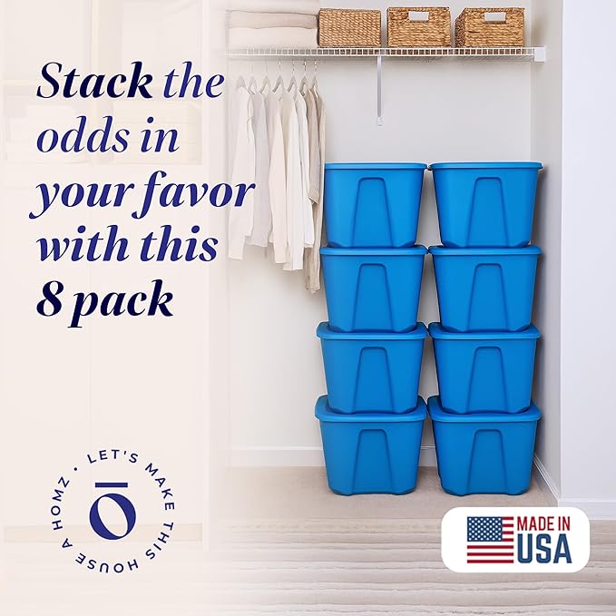 HOMZ 8-Pack Durable Molded Bin, Plastic Storage Containers with Lids, 18 Gallon, Blue - Stackable Organizer Totes and Boxes for Bedroom, Kitchen, and Garage Organization