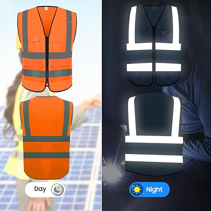 Reflective Safety Vest for Men Women with 5 Pockets and Zipper Front High Visibility Construction Vest Meets ANSI/ISEA Standards