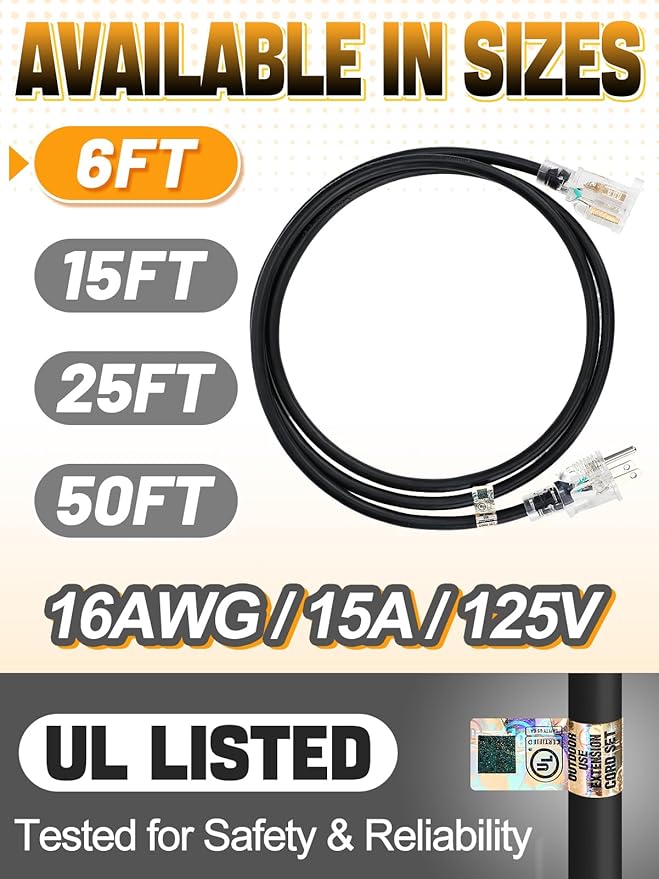 Lighted End Heavy Duty Outdoor Extension Cord Waterproof -16AWG, 3 Prong, 15A, 1875W, Flexible Black Power Extension Cord for Outsides, 6ft