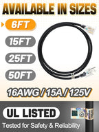 Lighted End Heavy Duty Outdoor Extension Cord Waterproof -16AWG, 3 Prong, 15A, 1875W, Flexible Black Power Extension Cord for Outsides, 6ft
