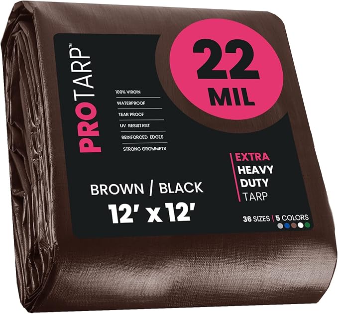 PROTARP Extreme Heavy Duty 22 Mil Tarp Cover, Waterproof, UV Resistant, Rip and Tear Proof, Poly Tarpaulin with Reinforced Edges for Roof, Camping, Patio, Pool, Boat. (Brown/Black 12′ X 12′)