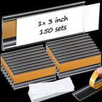 Yexiya 150 Pieces 3 x 1 Inch Clear Plastic Self Adhesive Label Holders Clear Shelf Tag Price Label Holders Bulk with Paper Inserts for Supermarket School Library Bookshelves Mailbox Storage Bins