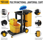 TUFFIOM Commercial Traditional Cleaning 3-Shelf Janitorial Cart, 500 Lbs Capacity Housekeeping Cart, Wheeled with Yellow VinylBag and Cover w Lid, Black