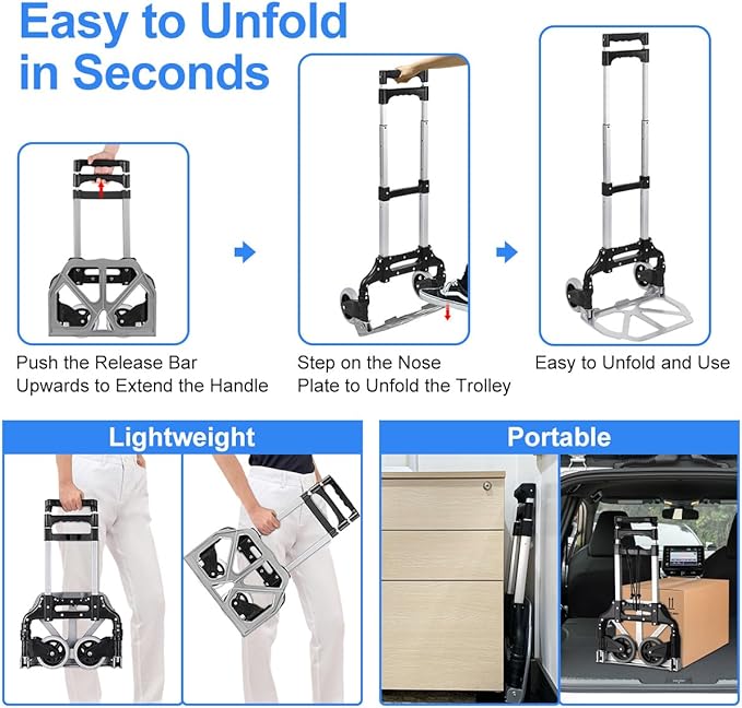Folding Hand Truck Aluminum Portable Folding Hand Cart 155lbs Capacity Hand Cart and Dolly Ideal for Home, Auto, Office, Moving, Travel, Shopping
