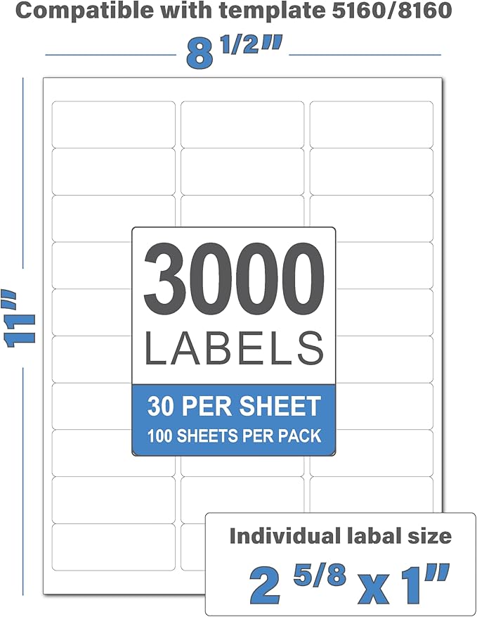 Perfect Peel Printable Address Labels (3,000 Labels), 1" x 2-5/8" Customizable Stickers, White, Blank, Great for mailing, Shipping, and More (Compatible with 5160) (8.5x11, 100, Count)