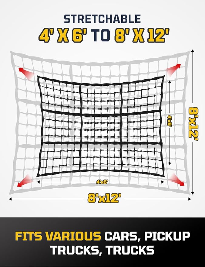 Cargo Net for Pickup Truck Bed - Stretchable 4' x 6' to 8' x 12' with 4" x 4" Mesh, Heavy Duty 10mm Cord Bungee Bed Netting with 12 Metal Carabiners - Ideal for ATV, SUV, UTV and Truck