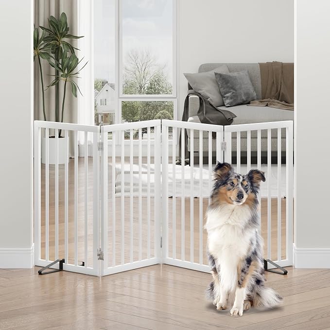 Dog Gates for Doorways, Tall Dog Gate Indoor, Foldable Pet Gates for Doorways Bedroom, Freestanding Puppy Gate with Metal Support Feet, Room Divider, 4 Panels (White)